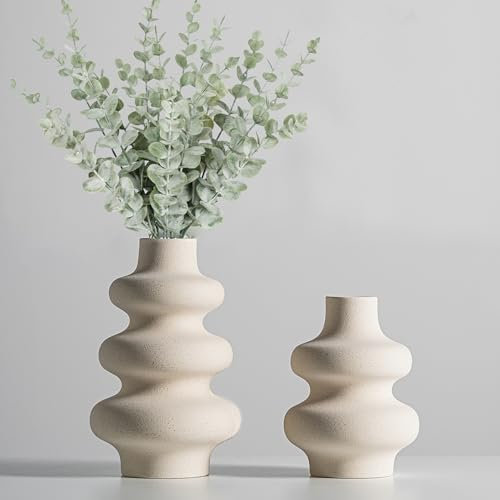 Steviieden Lot de 2 vases en céramique moderne pour décoration d'intérieur, vases ronds blanc cassé, vases à fleurs séchées modernes, décoration d'intérieur bohème pour centres de table, mariage,