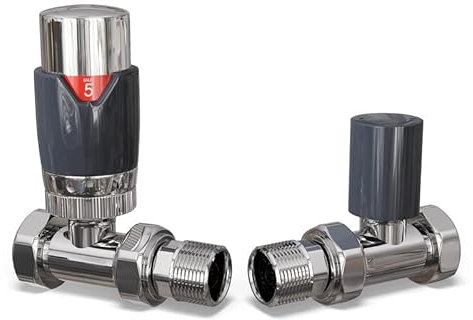 UK Radiators Anthracite Thermostatic Radiator Valve and Straight Lockshield Valve - Anthracite Matt Finish - Classy and Modern Design 1/2 x 15mm Straight Radiator Valve