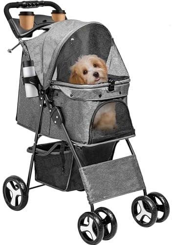 YITAHOME Hundewagen Katzenwagen mit Aufbewahrungskorb, 4 Rädern, Faltbarer Hundebuggy, Tragbarer Haustier Kinderwagen, Leicht, Praktisch, Abnehmbar (Grau)