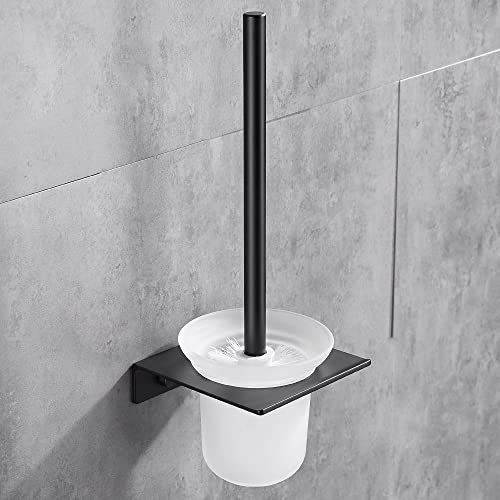Hoomtaook Escobilla para Inodoro con Soporte Negro Escobillero Baño Instalación de Dañado sin Vidrio ni Aluminio Montado en la Pared una Cabeza de Cepillo Adicional Negro