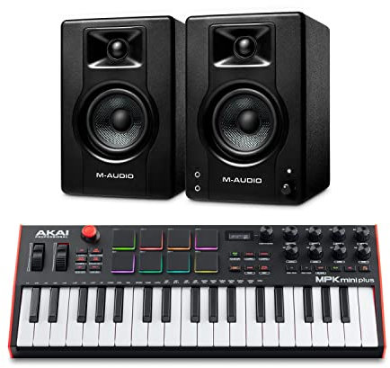 Recording Studio Package - Akai Professional MPK Mini Plus USB MIDI Keyboard Controller and M-Audio BX3 3.5 120W Speakers, with Production Software