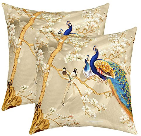 2er Set Kissenbezüge Peacock Kissenbezüge 50x50cm Set Animal Thema Weich B Kissenhülle für Couch Sofa Peacock Federn Design Dekorative Sofakissen Couchkissen Outdoor Kissenbezug