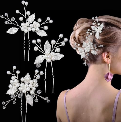 Mbsomnus Braut Haarschmuck Blumen Haarnadeln Hochzeit Haarschmuck Perlen U-förmige Haarnadeln Perlen Brauthaarnadeln Silber für Damen Mädchen Frauen Ball Party (3 Stück)
