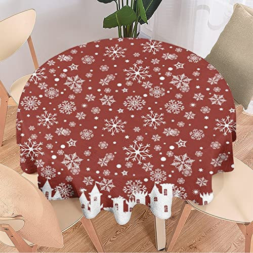 Runde Tischdecke mit Schneeflockenmuster – Weihnachten, Dunkelrot, Frohe Weihnachten, Weiß, Stadtsilhouette, dekorative Stoff-Tischdecke für den Außen- und Innenbereich, 36\