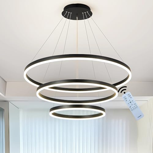 J.SUNUN LED Pendelleuchte 3 Ringe Schwarz,Moderner led-kronleuchter 3-Ring,Pendelleuchte+ring,68W 3400LM Wohnzimmerlampe Dimmbar Deckenbeleuchtung Für Schlafzimmer Wohnzimmer Esszimmer 20×40×60CM