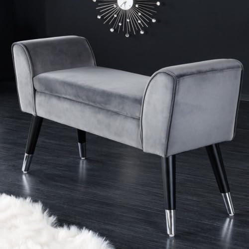 LEBENSwohnART Elegante Sitzbank Carolin 90cm grau Silber Samt Bank Holzfüsse Metallapplikationen