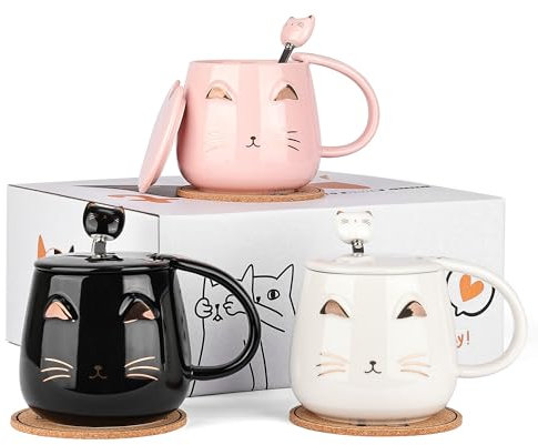 DONGSHANGIFT Tazza per gatti Set di 3 tazze per gatti in ceramica con coperchio, cucchiaio e sottobicchiere Tazza per donne, bambini, amanti dei gatti da 380 ml, tazza per gatti (nero, bianco, rosa)