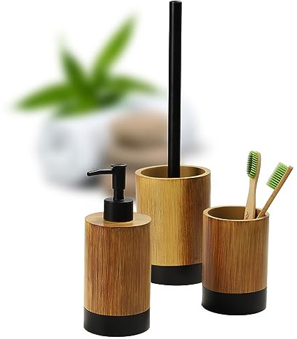 KADAX Badezimmerset, Seifenspender, Zahnputzbecher und WC-Bürste, Badezubehör aus robustem Polyresin, Badausstattung-Set in Holzoptik, Badezimmerzubehör (Holz-Schwarz)