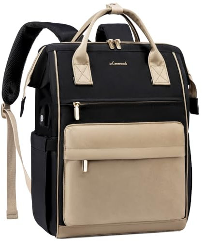 LOVEVOOK Laptop Backpack for Women, 17 Inch Work Teacher Nurse Bag, Black & Khaki-a, 17.3 inches