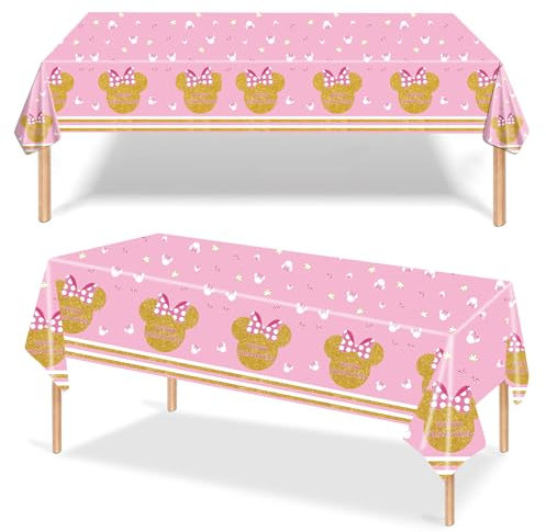 2Pcs Pink Gold Minnie Mouse Plastic Table Cloth,137*274 Rectangle Minnie Mouse Table Cloth for Girls Party,Pink Cute Table Cover for Kids Baby Shower Minnie Theme Birthday Party Table Décor