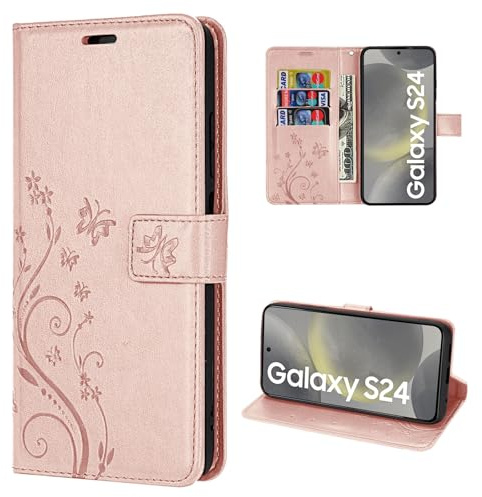 Hülle Kompatibel mit Samsung Galaxy S24 | Premium PU Leder Handyhülle Wallet Case für Galaxy S24 | Schutzhülle Blumen Klapphülle Handyhülle | Rosegold