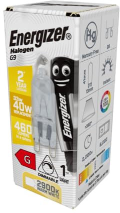 Energizer G9 Bulbs 33w = 40w G9 Halogen Bulbs. Warm White. Pack of 10. Dimmable. Suitable for G9 Light Fittings, Wax Burner, Salt lamp etc