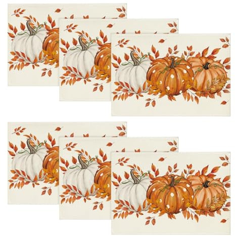Artoid Mode Blätter Orange Kürbisse Herbst Platzsets 6er Set, 30x45cm Urlaub Tischsets Waschbar Platzdeckchen Küche Party Deko