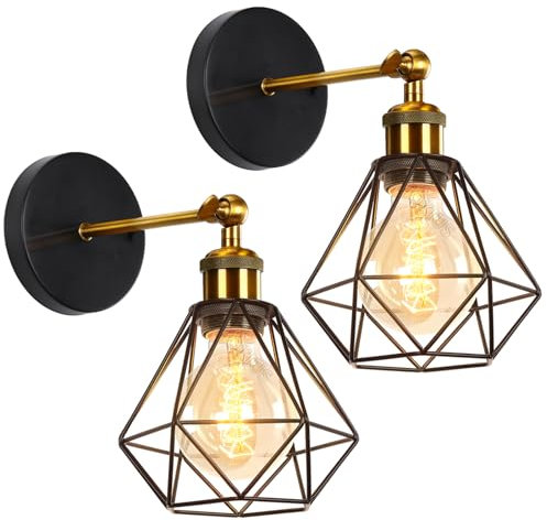 TOKIUS Lot de 2 Appliques Murales Interieur Vintages Industrielles Plafonniers Luminaires E27 Douille Laiton en Métal Lampe Murale Industrielles Rétro Réglable 180° éclairage Mural Cuisine Salon
