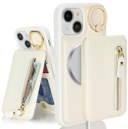 SailorTech Case for iPhone 13 Mini With Card Holder, Ring Stand, Kickstand, Card Slots, Wallet - Detachable 2-in-1 Zipper Cover - White