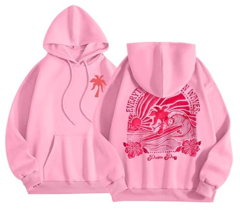 Blitzangebote Des Tages, Pink Palm Puff Hoodie Oversize Sweatshirt - Rückendruck Pullover Mit Kapuze Langarm Kapuzenpullover Y2K Streetwear Für Mädchen Hoodies Pink College-Jacke,S-Xxl Rosa Xl