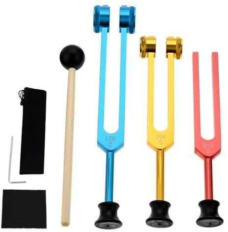 DRELD Tuning Forks Healing -128Hz, 256Hz, 512Hz Tuners with Silicone Bases | Tuning Forks with Silicone Bases, Cleaning Cloth, Allen Key and Hammer for Chakra Frequency, Sound Therapy, DNA Repair