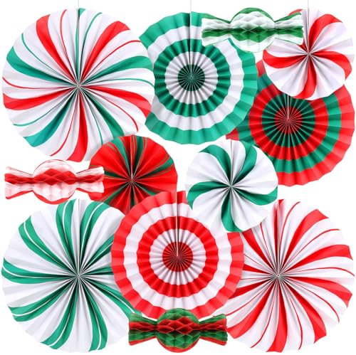 BestoFun 12 PCS Candy Hanging Paper Fans Christmas Candy Decorations Red Green White Christmas Party Decorations Christmas Party Decorations Christmas Wall Decorations Hanging Christmas Decorations
