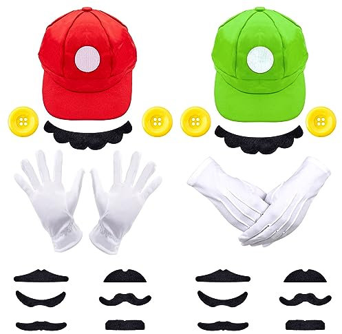 Wirhaut Rot/Grün Mütze, Mari/Luigi Kostüm mit Mütze, Gurt Weißen Handschuhe und Bart, KarnevalCosplay Kostüm für Kinder Erwachsene Damen