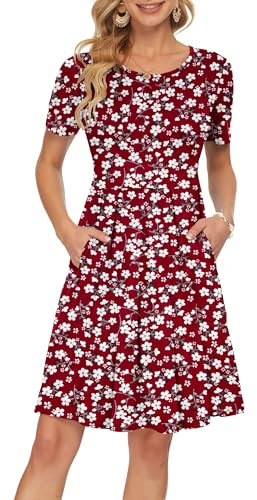 AUSELILY Damen Kurzarm Plissee Loose Swing Freizeitkleid mit knielangen Taschen Rote Blumen M