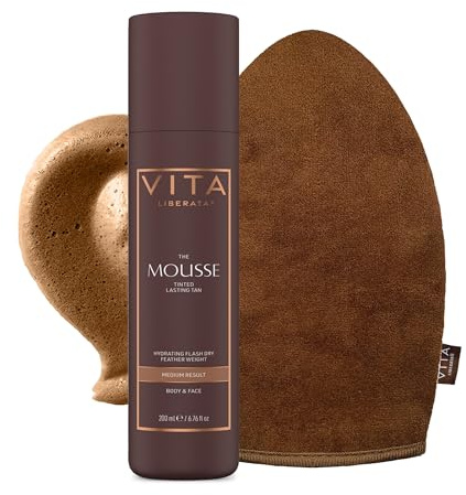 VITA LIBERATA, Tinted Tanning Mousse Medium 200ml & Mitt Bundle, Fast Drying Formula, Tinted for even & streak-free application, Natural & Organic Ingredients, Tanning Mitt for Flawless Application