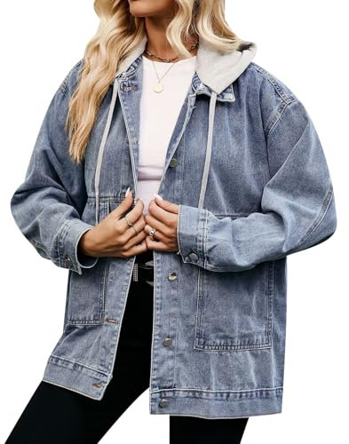 MINTLIMIT Denim Jackets for Women Long Sleeve Oversized Button Up Denim Coat with Hoodies Casual Jean Jacket Coat with Pockets, Blue