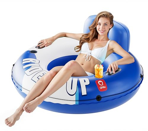 QPAU Tubo gonfiabile da 0,4 mm, spesso, resistente alle forature, resistente, con schienale ergonomico, fondo in rete e 2 portabicchieri, per amici e familiari (blu e bianco)