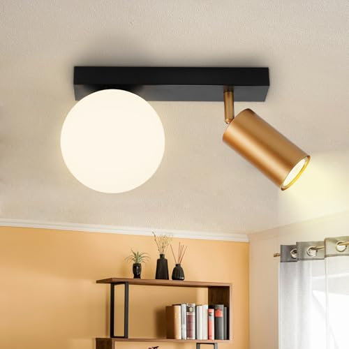 ZMH Deckenleuchte 2 Flammig Vintage Deckenstrahler: Deckenlampe Flur Metall mit Gold GU10 Deckenspots Schwenkbar Flurlampe Weiß E14 Glaskugel Küchenlampe für Flur Küche Wohnzimmer Schlafzimmer Balkon