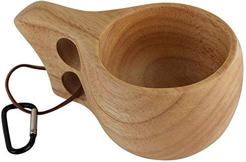 VIFERR Kuksa Coffee Cup, Rubber Wood Double Hole Cup Nordic Style Water Cup with Lanyard Buckle for Camping Hiking Tea Cup 170 ml