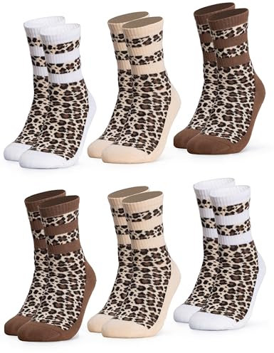 Occulto Damen Leoparden Muster Tennis Socken 3er Pack, 6er Pack (Modell: Nala) 6 Paar Braun Mix 35-38