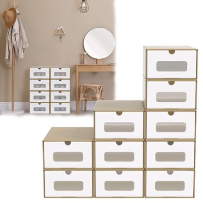 AufuN 10 scatole impilabili per scarpe in carta kraft con coperchio e finestra trasparente, pratico contenitore per scarpe, 35 x 24 x 14 cm, colore: marrone