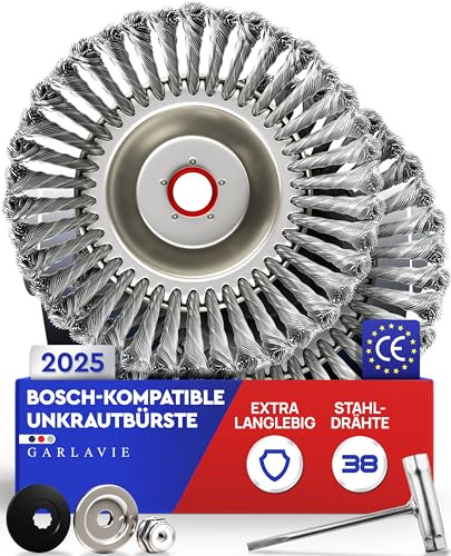 GARLAVIE 2X Unkrautbürste für Bosch Motorsense – Wildkrautbürste mit Adapter für Freischneider, langlebiges Zubehör zur Moos- & Unkrautentfernung