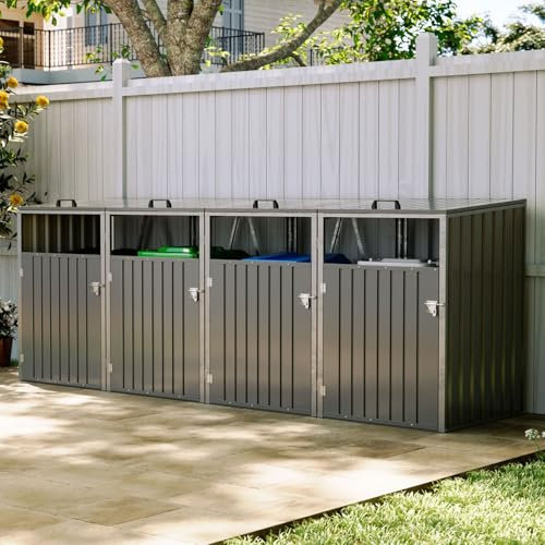 Warmiehomy Wheelie Bin Storage Bin Store 4 Wheelie Bins Galvanized Steel Wheel Bins Hideaways with Locking Door Garden Trash Can Cover with Lifting Lids