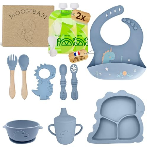 MOOMBABI Coffret Repas bebe, Assiette ventouse Bebe, bol Cuillere Bebe, Bavoir Silicone Bebe, couverts bébé 1er age, 2 Pochettes Réutilisables pour aliments, jouet de dentition, lot de 11 sevrage