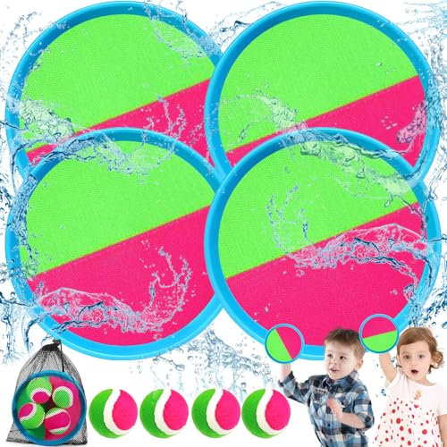 TEBOKHAD Klettballspiel Klettball Strand Spielzeug für Draußen Kinder ab 3 4 5 6,Leichtes Gewicht Wurfspiel Klettspiel Wurf Spiel Kinder Erwachsene mit 4 Fangscheiben 4 Bälle für Partys, Gärten, Meer