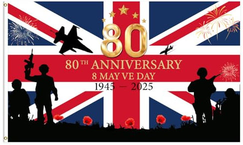 KOBONA VE Day Flag 3ft x 5ft zum 80. Jubiläum 2025 Dekorationen Jubiläum Dekorationen 80 Jahre Sieg in Europa RAF 1945 UK