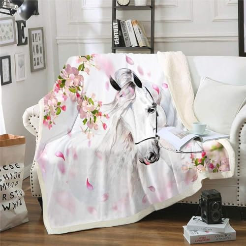 Loussiesd Weißes Pferd Kuscheldecke Rosa Blumen Wohndecke Aquarell Wildtier Design Decke 100x130cm für Bett Sofa Couch Schlafzimmer Dekor Wildlife Flanell Fleecedecke Decke