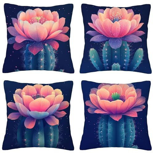 Kissenbezug 50x50cm Blau, Kaktus Kissenbezug 4er Set, Wasserfest Outdoor Kissen mit Verdecktem Reißverschluss, Waschbar Sofakissen für Kreative Geschenke für Frauen, Dekokissen Aesthetic Decor D-20
