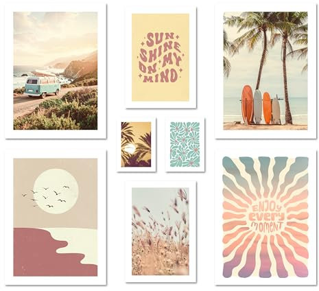 ARTFAVES® Poster Set - Summer Trip - mehrteilige Wanddeko Wohnzimmer & Schlafzimmer - 8 moderne Wandbilder sommer, bunt, meer, pastell, strand, roadtrip, sonne, surfing - ohne Bilderrahmen