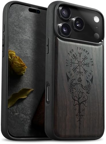 Carveit Holz Cover für iPhone 17 Pro hülle, Handyhülle kompatibel MagSafe Silikon Stoßfeste Case, Magnetisch Hull für Apple 17 Pro Handyhulle（Dunklesholz-Wikingerkompass Vegvisir）