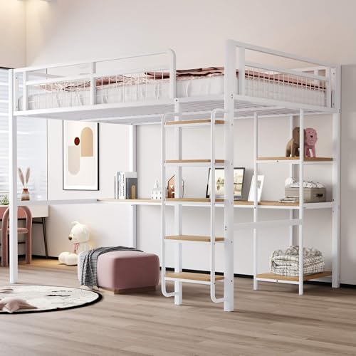MQGPM Hochbett Mettalbett 140x200 cm mit Schreibtisch und Regale, Etagenbett mit Leiter und Stauraum, Bettgestell mit Lattenrost und Rausfallschutz, Weiß
