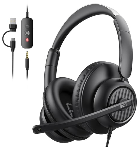 EKSA H8 USB Headset with Microphone for Work, Stereo Wired Computer Headphones with Mic Noise Cancelling, in Line Controls, 3.5mm Jack USB-C/A Over-Ear Headset for PC Laptop Office Call Center Teams