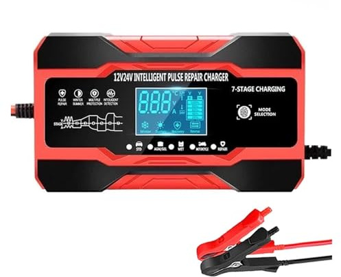 12V 12A 10A Car Battery Charger 240W 180W Fully Automatic Car Batteries 7 Stage Charging Pulse Repair For AGM GEL WET Lead Acid Easy To Use(12 to 24V 10A Red)