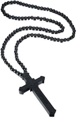 ZFHTJEKNCS Großes Holz katholischer JesusHerrenkreuz mit Holzperle geschnitzt Rosenkranz Anhänger Lange Collier Statement Halskette