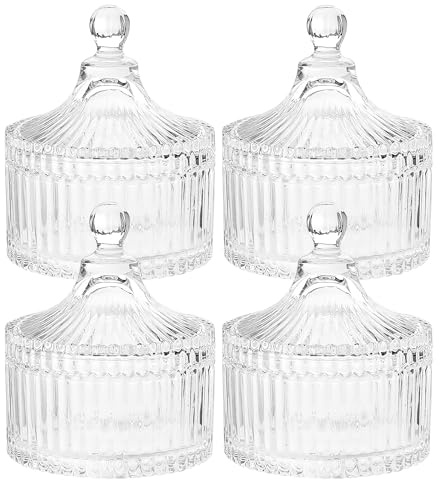 OGMBI 4 Stück Glas Bonboniere mit Deckel, 300 ml, Vintage Süßigkeiten Bonbonglas, Kristallglas Glasbehälter Aufbewahrungsgläser für Party Dekorative Bonbonbuffet Snacks