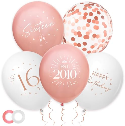 Sroeeshee 30Pcs 16th Birthday Balloons Decorations - Rose Gold 16 Party Decor for Girls Sixteen Balloon with Ribbon, Retro Vintage Classic EST. 2010 Happy 16th Birthday Decoration