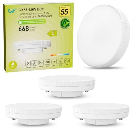 GY GX53 LED Lampe 4.9W, warmweiß (3000K), 668 Lumen, ersetzt 55W Glühbirne, 100°, nicht dimmbar, 4 Stück, Energieklasse C