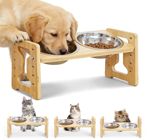 GOEDCH 19,5 cm Gamelle pour chien surélevée : bois, gamelle réglable en hauteur, couleur originale, gamelle surélevée pour chien, support de gamelle pour chien et chat