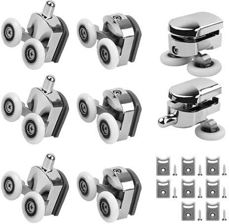 Lot de 8 roulettes pour porte de douche, 23 mm, pour portes coulissantes avec bloc anti-collision et vis, pour portes en verre de salle de bain (4 roulettes supérieures et 4 inférieures)