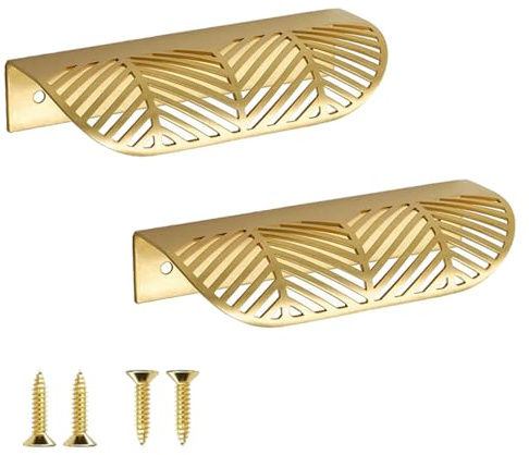 Zzcy 2 Stück Blattform Schrankgriffe Gold Schrank Schublade Griffe Blatt Form Möbelgriffe Versteckte Schrankgriffe mit Schrauben Schubladengriffe für Möbel Kommode Kleiderschrank
